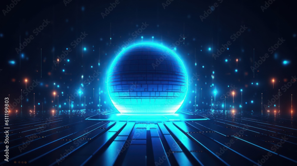 Poster ai generating picture of a glowing transparent sphere with the abstract futuristic digital technolog