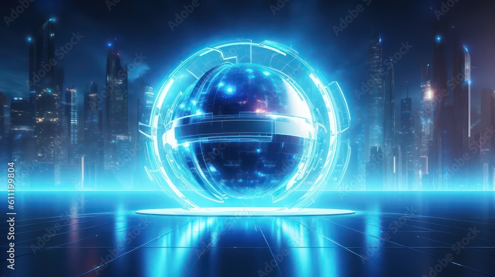 Poster ai generating picture of a glowing transparent sphere with the abstract futuristic digital technolog