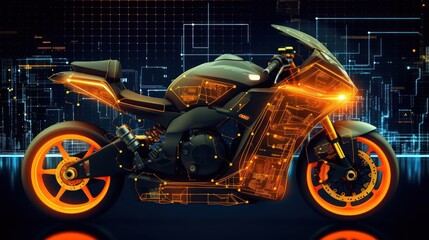 Generating AI illustration of a futuristic chopper motorcycle with abstract digital technology background.