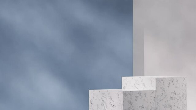 Video of 3d rendering mock up template of marble podium in landscape with blue and white background