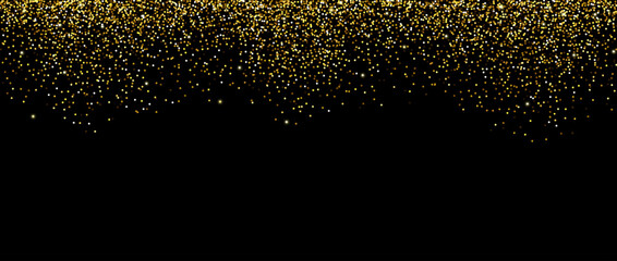 Golden falling confetti on dark background. Repeating gold glitter pattern. Yellow and golden dots wallpaper. Celebration party decoration. Vector backdrop 