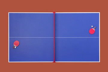 table tennis or ping pong table with racket and ball top view.