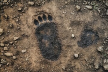 A bear print in the soft mud of a forest trail. generative AI