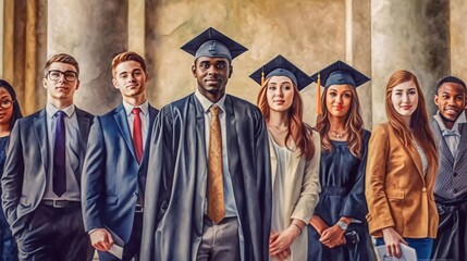 Obraz premium Portrait Group Diversity graduate college student at university outdoor, Generative AI