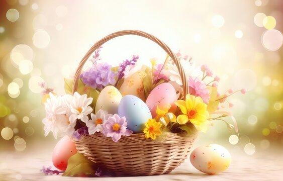 Easter eggs basket, beautiful bunny    