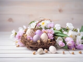 Fototapeta na wymiar Easter eggs basket, beautiful bunny 