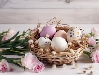 Obraz na płótnie Canvas Easter eggs basket, beautiful bunny 