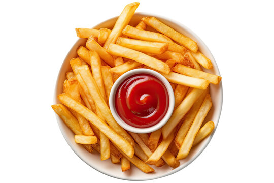 French Fries Or Potato Chips With Ketchup Top View Isolated On White Background , Transparent Background, PNG ,Generative AI