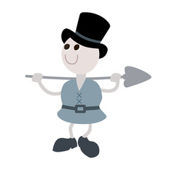Cartoon ancient people wearing old cloth with shovel on shoulder. Gardener man