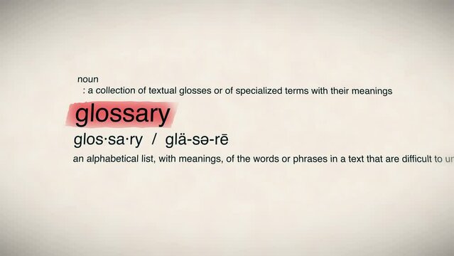 The Word Glossary Red Highlighted in a Dictionary Animation