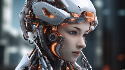 The robot looks like a beautiful human woman except for its face, which is highly similar to that of a human. 
Generative AI.
