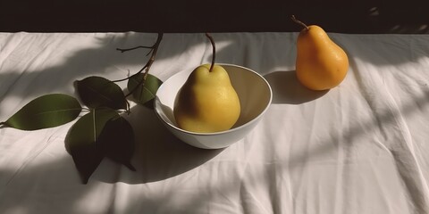 Pears still life. Close up of fruits on a white linen fabric with overlay shadow effect.Nature organic food concept. Summertime background. Generative Ai