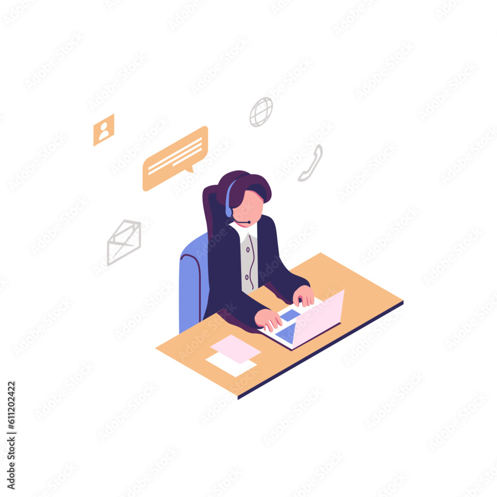 Poster hotline operators consult customers with headsets on computers flat style isometric illustration