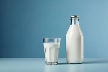 Glass and bottle with milk on blue background, Generative AI