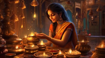 Indian girl lighting lamps for Diwali festival, 3d illustration, Generative Ai