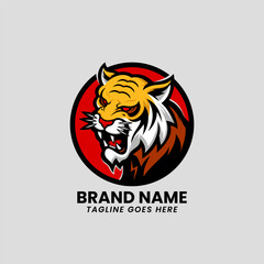 Tiger head inside circular frame. Premium animal logotype vector illustration.