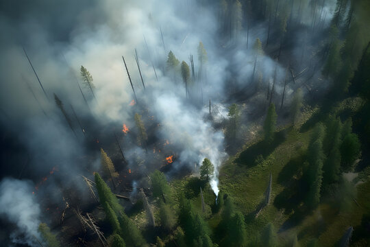 fire in the forest aerial shot, Generative AI