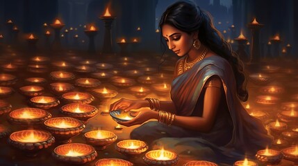 Indian girl lighting lamps for Diwali festival, 3d illustration, Generative Ai