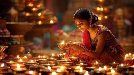 Obraz na płótnie Canvas Indian girl lighting lamps for Diwali festival, 3d illustration, Generative Ai
