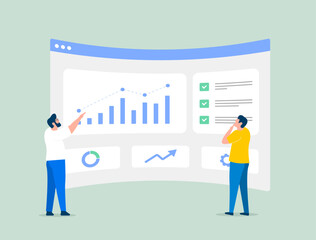 Drive digital marketing success with effective business strategies, campaigns and SEO. Male marketers analyze marketing dashboard with growing charts. Maximize profits with profitable investments