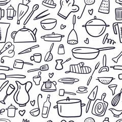 A pattern from a collection of kitchen utensils, hand-drawn in the style of a doodle