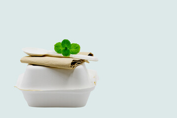 Biodegradable burger box and cutlery  isolated on white background. 