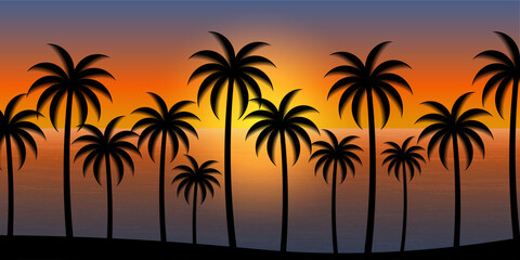 Fototapeta na wymiar Coconut Tree or Palm Tree at the Beach During Sunset. Sunset Background. Paradise Tropical Island in Summer and Holiday Concept.