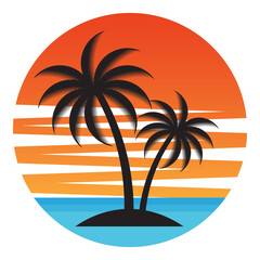 Palm Tree With Sunset at The Beach or Island. Sunset and Palm Tree Logo. Summer Beach Logo. Tropical or Paradise Island in Summer. Vector Illustration. 