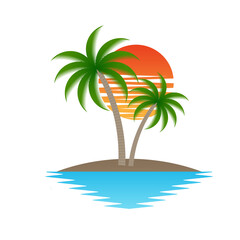 Palm Tree With Sunset at The Beach or Island. Sunset and Palm Tree Logo. Summer Beach Logo. Tropical or Paradise Island in Summer. Vector Illustration. 