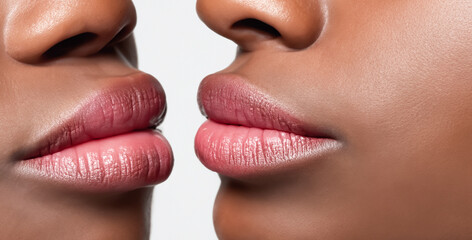 Obraz premium Kiss, sexy mouth. Plump lip. lips kissed, isolated on white background. Sexy kiss. Sensual lips. Lesbians lips kiss, close up. AI Generated.