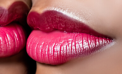 Kiss, sexy mouth. Plump lip. lips kissed, isolated on white background. Sexy kiss. Sensual lips. Lesbians lips kiss, close up. AI Generated.