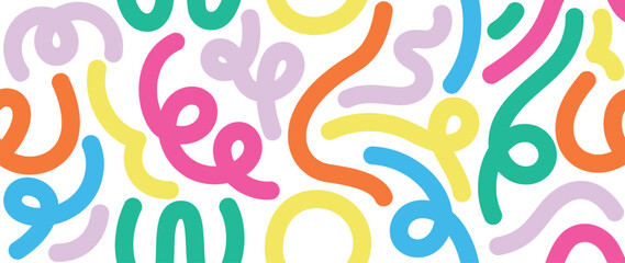 Colorful line doodle in seamless pattern. Abstract art background background vector design with childish scribble, doodle in vibrant color. Fun creative illustration for kids, fabric, prints, cover.