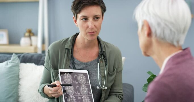 Brain scan, tablet results and woman doctor with senior care and patient communication with consulting. Medical, MRI and healthcare with neurologist and elderly help at clinic support consultation