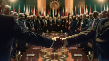 country leaders shaking hands at an international conference, Generative AI - obrazy, fototapety, plakaty
