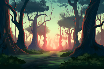 Illustration of trees in the forest in the evening