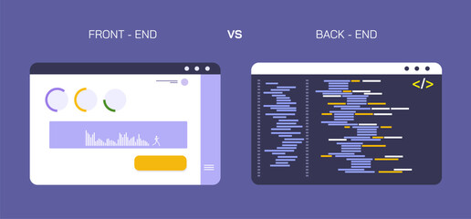 Front End vs. Back End Development. UI UX vs programming. coding and scripting education. front end developer vs back end programmer. Application and software development. 