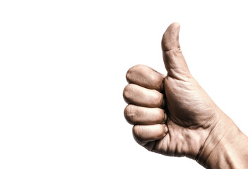Gesture of like and satisfaction. Hand showing thumb up against white background.