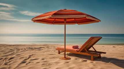 Beach chairs and an umbrella on a white sand beach, Generative AI