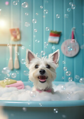 Cute cairn terrier dog in a small bathtub with soap foam and bubbles, cute pastel colors.