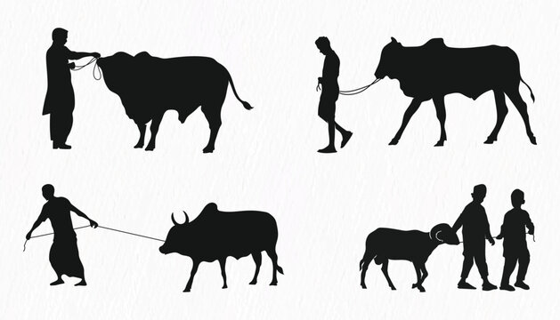 Silhouette set of man walking with Qurbani cow and goat  