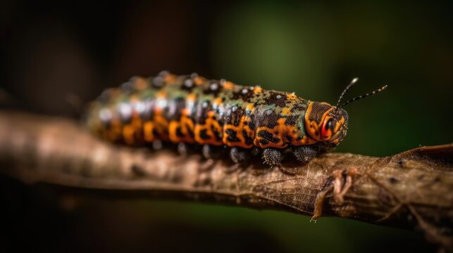 close up of caterpillar animal with perfect angel view and blur background