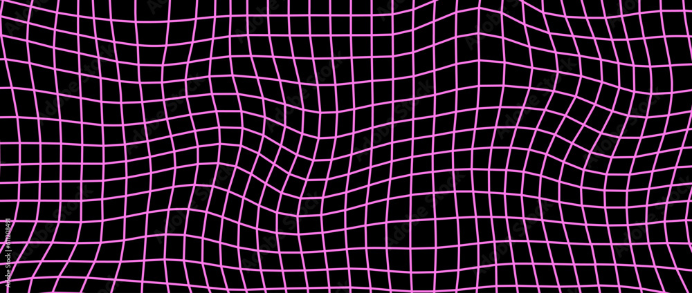 Poster distorted pink wireframe background. abstract wavy checkerboard wallpaper. warped and curved grid su