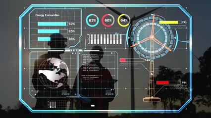 Electrical energy cost and total electrical output from wind turbines. Presented as a User Interface nested with Silhouette of two man engineers talking with hold blueprint stand near wind turbines - Powered by Adobe