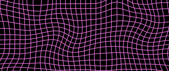 Distorted pink wireframe background. Abstract wavy checkerboard wallpaper. Warped and curved grid surface pattern. Geometric texture with optical illusion effect. Vector illustration