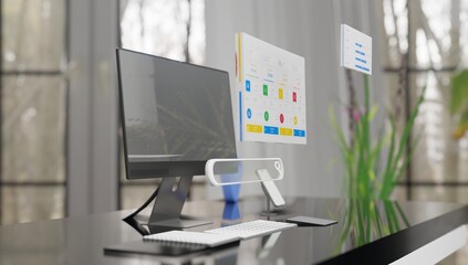  Unleashing Data Insights: Computer with Dynamic Screen Display Illustrating 3D Rendered Animation of Data Analysis Software Application