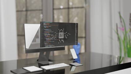  Unleashing Data Insights: Computer with Dynamic Screen Display Illustrating 3D Rendered Animation of Data Analysis Software Application ai and progamming   code