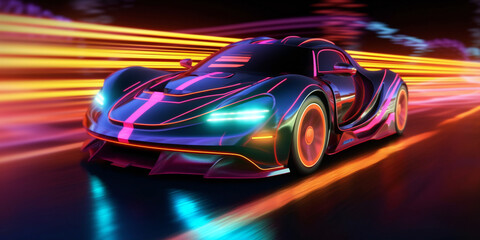 Obraz na płótnie Canvas A future sports car on a road with neon lights at full acceleration, Generative AI