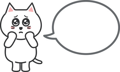 White cartoon cat appealing to somebody with a speech bubble, vector illustration.
