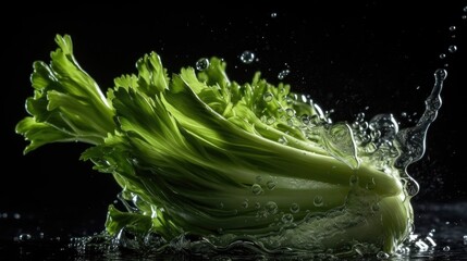 close up green celery hit by splashes of water with black blur background