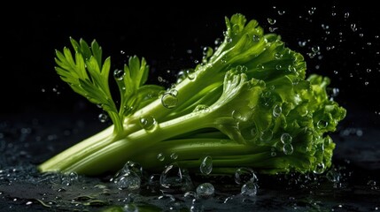close up green celery hit by splashes of water with black blur background